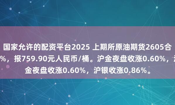 国家允许的配资平台2025 上期所原油期货2605合约夜盘收跌0.41%，报759.90元人民币/桶。沪金夜盘收涨0.60%，沪银收涨0.86%。